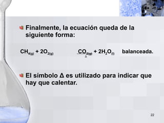Finalmente, la ecuación queda de la siguiente forma: CH 4(g)  + 2O 2(g)  CO 2(g)  + 2H 2 O (l)   balanceada. El símbolo  Δ  es utilizado para indicar que hay que calentar. Δ 