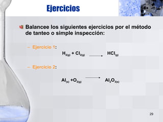 Ejercicios Balancee los siguientes ejercicios por el método de tanteo o simple inspección: Ejercicio 1 : H 2(g)  + Cl 2(g)   HCl (g) Ejercicio 2 : Al (s)  +O 2(g)   Al 2 O 3(s) 