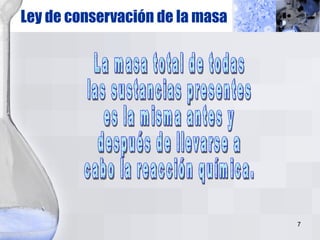 Ley de conservación de la masa La masa total de todas las sustancias presentes es la misma antes y después de llevarse a  cabo la reacción química. 