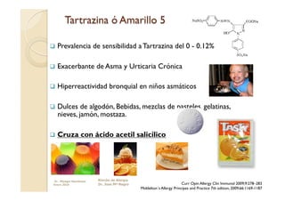   Prevalencia          de sensibilidad a Tartrazina del 0 - 0.12%

  Exacerbante           de Asma y Urticaria Crónica

  Hiperreactividad            bronquial en niños asmáticos

  Dulces   de algodón, Bebidas, mezclas de pasteles, gelatinas,
   nieves, jamón, mostaza.

  Cruza         con ácido acetil salicilico




 Dr. Miyagui Namikawa    Rincón de Alergia
 Enero 2010              Dr. Jose Mª Negro                            Curr Opin Allergy Clin Immunol 2009;9:278–283
                                             Middelton´s Allergy Principes and Practice 7th edition, 2009;66:1169-1187
 