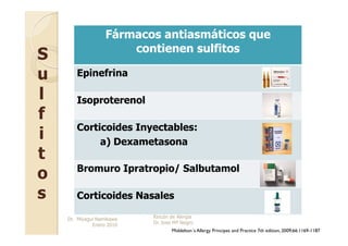 Fármacos antiasmáticos que
                       contienen sulfitos
S
u      Epinefrina

l      Isoproterenol
f
       Corticoides Inyectables:
i           a) Dexametasona
t
       Bromuro Ipratropio/ Salbutamol
o
s      Corticoides Nasales

    Dr. Miyagui Namikawa   Rincón de Alergia
              Enero 2010   Dr. Jose Mª Negro
                                  Middelton´s Allergy Principes and Practice 7th edition, 2009;66:1169-1187
 