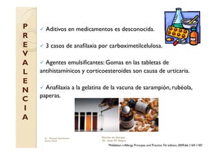 P     Aditivos          en medicamentos es desconocida.
R
E     3   casos de anafilaxia por carboximetilcelulosa.
V
A     Agentes emulsificantes: Gomas en las tabletas de
L   antihistamínicos y corticoesteroides son causa de urticaria.
E
      Anafilaxia            a la gelatina de la vacuna de sarampión, rubéola,
N
    paperas.
C
I
A

      Dr. Miyagui Namikawa               Rincón de Alergia
      Enero 2010                         Dr. Jose Mª Negro
                                             Middelton´s Allergy Principes and Practice 7th edition, 2009;66:1169-1187
 