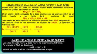 HIDRÓLISIS DE UNA SAL DE ÁCIDO FUERTE Y BASE DÉBIL
Hemos visto que las sales en solución acuosa están totalmente disociadas.
Veamos el ejemplo del cloruro de amonio
NH4Cl => Cl- + NH4
+
El ion amonio, ácido conjugado de la base amoniaco que es una base débil, es un
ácido fuerte y por tanto dará protones del agua:
NH4
+ + H2O  H3O+ + NH3
Como vemos en este equilibrio de hidrólisis aparecen iones H3O+ responsables
del carácter ácido de las soluciones de acuosas del NH4Cl. La constante de
hidrólisis vale:
[NH3 ].[H3O+] [OH-] K(H2O)
Kh = * =
[NH4
+] [OH-] Kb
SALES DE ÁCIDO FUERTE Y BASE FUERTE
Las sales de ácido fuerte y base fuerte no experimentan hidrólisis.
Por ejemplo el NaCl se disocia así :
NaCl => Na+ + Cl-
pero ni ion sodio ni el ion cloruro reacciona con el agua.
 