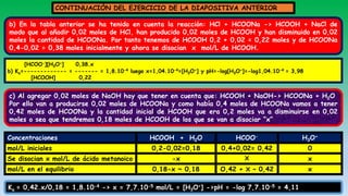 CONTINUACIÓN DEL EJERCICIO DE LA DIAPOSITIVA ANTERIOR
b) En la tabla anterior se ha tenido en cuenta la reacción: HCl + HCOONa -> HCOOH + NaCl de
modo que al añadir 0,02 moles de HCl, han producido 0,02 moles de HCOOH y han disminuido en 0,02
moles la cantidad de HCOONa. Por tanto tenemos de HCOOH 0,2 + 0,02 = 0,22 moles y de HCOONa
0,4-0,02 = 0,38 moles inicialmente y ahora se disocian x mol/L de HCOOH.
[HCOO-][H3O+] 0,38.x
b) Ka=------------- = ------- = 1,8.10-4 luego x=1,04.10-4=[H3O+] y pH=-log[H3O+]=-log1,04.10-4 = 3,98
[HCOOH] 0,22
c) Al agregar 0,02 moles de NaOH hay que tener en cuenta que: HCOOH + NaOH-> HCOONa + H2O
Por ello van a producirse 0,02 moles de HCOONa y como había 0,4 moles de HCOONa vamos a tener
0,42 moles de HCOONa y la cantidad inicial de HCOOH que era 0,2 moles va a disminuirse en 0,02
moles o sea que tendremos 0,18 moles de HCOOH de los que se van a disociar “x”
Concentraciones HCOOH + H2O HCOO- H3O+
mol/L iniciales 0,2-0,02=0,18 0,4+0,02= 0,42 0
Se disocian x mol/L de ácido metanoico -x X x
mol/L en el equilibrio 0,18-x ~ 0,18 O,42 + X ~ 0,42 x
Ka = 0,42.x/0,18 = 1,8.10-4 -> x = 7,7.10-5 mol/L = [H3O+] ->pH = -log 7,7.10-5 = 4,11
 