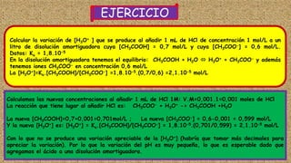 Calcular la variación de [H3O+ ] que se produce al añadir 1 mL de HCl de concentración 1 mol/L a un
litro de disolución amortiguadora cuya [CH3COOH] = 0,7 mol/L y cuya [CH3COO-] = 0,6 mol/L.
Datos: Ka = 1,8.10-5
En la disolución amortiguadora tenemos el equilibrio: CH3COOH + H2O  H3O+ + CH3COO- y además
tenemos iones CH3COO- en concentración 0,6 mol/L
La [H3O+]=Ka.[CH3COOH]/[CH3COO-] =1,8.10-5.(0,7/0,6) =2,1.10-5 mol/L
Calculamos las nuevas concentraciones al añadir 1 mL de HCl 1M: V.M=0,001.1=0,001 moles de HCl
La reacción que tiene lugar al añadir HCl es: CH3COO- + H3O+ -> CH3COOH +H2O
La nueva [CH3COOH]=0,7+0,001=0,701mol/L ; La nueva [CH3COO-] = 0,6-0,001 = 0,599 mol/L
Y la nueva [H3O+] es: [H3O+] = Ka.[CH3COOH]/[CH3COO-] = 1,8.10-5.(0,701/0,599) = 2,1.10-5 mol/L
Con lo que no se produce una variación apreciable de la [H3O+] (habría que tomar más decimales para
apreciar la variación). Por lo que la variación del pH es muy pequeña, lo que es esperable dado que
agregamos el ácido a una disolución amortiguadora.
EJERCICIO
 