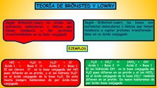 TEORÍA DE BRÖNSTED Y LOWRY
Según Brönsted-Lowry los ácidos son
sustancias moleculares o iónicas que
tienen tendencia a dar protones
transformándose en su base conjugada
Según Brönsted-Lowry las bases son
sustancias moleculares o iónicas que tienen
tendencia a captar protones transformán-
dose en su ácido conjugado
HCl + H2O  H3O+ + Cl-
Ácido 1 + Base 2  Ácido 2 + Base 1
El ion cloruro Cl- es la base conjugada del HCl
pues difieren en un protón, y el ion hidronio H3O+
es el ácido conjugado de la base H2O. En esta
teoría siempre hablaremos de par ácido-base
conjugado
H2O + CO3
2-  HCO3
- + OH-
Ácido 1 + Base 2  Ácido 2 + Base 1
El ion hidróxido OH- es la base conjugada del
H2O pues difieren en un protón y el ion HCO3
-
es el ácido conjugado de la base CO3
2- también
difieren en un protón. De nuevo hablaremos de
par ácido-base conjugado
EJEMPLOS
 