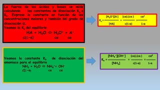 [H3O+][A-] (cα).(cα ) cα2
Ka = = =
[HA] c(1-α) 1-α
La fuerza de los ácidos y bases se mide
calculando las constantes de disociación Ka o
Kb. Expreso la constante en función de las
concentraciones molares y también del grado de
disociación α.
Veamos la Ka del equilibrio
HA + H2O  H3O+ + A-
C(1-α) cα cα
[NH4
+][OH-] (cα).(cα ) cα2
Kb = = =
[NH3] c(1-α) 1-α
Veamos la constante Kb de disociación del
amoniaco para el equilibrio
NH3 + H2O  NH4
++ OH-
C(1-α) cα cα
 
