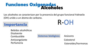 Funciones Oxigenadas
Los alcoholes se caracterizan por la presencia del grupo funcional hidroxilo
(OH) unido a un átomo de carbono.
Alcoholes
R-OHImportancia
Bebidas alcohólicas
Sistemas biológicos Azúcares
Colesterol
Esteroides/hormonas
Disolvente
Combustible
Anticongelante
Perfumería
 