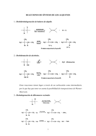 REACCIONES DE SÍNTESIS DE LOS ALQUENOS


1.- Deshidrohalogenación de haluros de alquilo.

                       X
            C          C                 KOH/EtOH
                                                                     C     C         +        H    X
                                      base voluminosa
            H


               CH3                                             CH3                                     CH3
                                           KOH
      H3C      C       CH       CH3                    H3C     C     CH     CH3      +       H2C       C     CH    CH3
                                           Etanol
               Br H                                               75 %                                    H
                                                                                                       25 %
                                                    Producto mayoritario (Saytzeff)



2.- Deshidratación de alcoholes.


            C          C                     H
                                            calor                    C     C         +       H2O (Eliminación)
            H          OH


               CH3                                             CH3                                     CH3
                                           H2SO4
      H3C      C       CH       CH3                    H3C     C     CH        CH3   +       H2C       C      CH   CH3
                                           calor
               OH H                                                                                           H
                                                    Producto mayoritario (Saytzeff)



       Estas reacciones tienen lugar a través de un carbocatión como intermediario,
       por lo que hay que tener en cuenta la posibilidad de transposiciones de Warner-
       Meerwein.
3.- Deshalogenación de dibromuros vecinales
                                      Br
                                                     Zn/CH3COOH
                                C     C                                        C     C
                                                      NaI/acetona
                                Br



                   CH3                                               CH3
                                                CH3COOH
         H3C       C       CH   CH3   +    Zn                 H3C    C     CH      CH3   +    ZnBr2

                   Br Br

                   CH3                                               CH3
                                                acetona                                                NaBr
         H3C       C       CH   CH3   +   NaI                H3C     C     CH      CH3   +   BrI   +

                   Br Br


                                                              1
 
