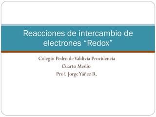 Colegio Pedro de Valdivia Providencia Cuarto Medio  Prof. Jorge Yáñez R. Reacciones de intercambio de electrones “Redox” 