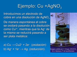 Ejemplo: Cu +AgNO3
Introducimos un electrodo de
cobre en una disolución de AgNO3
De manera espontánea el cobre
se oxidará pasando a la disolución
como Cu2+, mientras que la Ag+ de
la misma se reducirá pasando a
ser plata metálica:

a) Cu → Cu2+ + 2e– (oxidación)
b) Ag+ + 1e– → Ag (reducción).       Imagen cedida por © Grupo ANAYA
                                       S.A. Química 2º de bachillerrato
 
