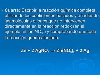  Cuarta: Escribir la reacción química completa
 utilizando los coeficientes hallados y añadiendo
 las moléculas o iones que no intervienen
 directamente en la reacción redox (en el
 ejemplo, el ion NO3–) y comprobando que toda
 la reacción queda ajustada:

         Zn + 2 AgNO3  →  Zn(NO3)2 + 2 Ag
 
