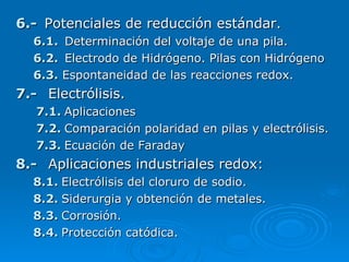 6.- Potenciales de reducción estándar.
   6.1.  Determinación del voltaje de una pila.
   6.2.  Electrodo de Hidrógeno. Pilas con Hidrógeno
   6.3. Espontaneidad de las reacciones redox.
7.-   Electrólisis.
   7.1. Aplicaciones
   7.2. Comparación polaridad en pilas y electrólisis.
   7.3. Ecuación de Faraday
8.-   Aplicaciones industriales redox:
   8.1. Electrólisis del cloruro de sodio.
   8.2. Siderurgia y obtención de metales.
   8.3. Corrosión.
   8.4. Protección catódica.
 