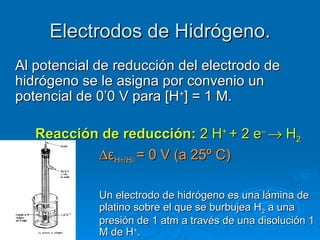 Electrodos de Hidrógeno.
Al potencial de reducción del electrodo de
hidrógeno se le asigna por convenio un
potencial de 0’0 V para [H+] = 1 M.

   Reacción de reducción: 2 H+ + 2 e– → H2
           ∆εH+/H = 0 V (a 25º C)
                   2




             Un electrodo de hidrógeno es una lámina de
             platino sobre el que se burbujea H2 a una
             presión de 1 atm a través de una disolución 1
             M de H+.
 
