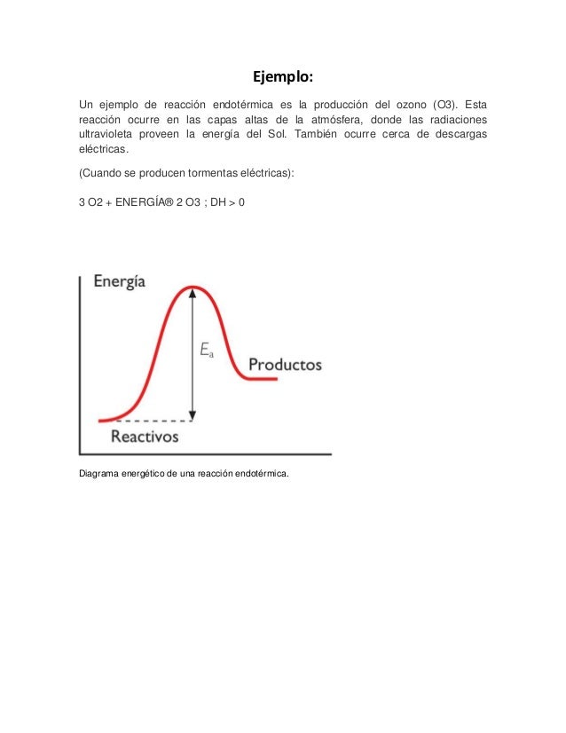 Ejemplo:Un ejemplo de reacciÃ³n endotÃ©rmica es la producciÃ³n del ozono (O3). EstareacciÃ³n ocurre en las capas altas de la a...