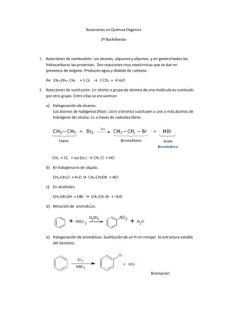Reacciones en Química Orgánica
2º Bachillerato
1. Reacciones de combustión. Los alcanos, alquenos y alquinos, y en general todos los
hidrocarburos las presentan. Son reacciones muy exotérmicas que se dan en
presencia de oxígeno. Producen agua y dióxido de carbono.
Pe CH3-CH2- CH3 + 5 O2 → 3 CO2 + 4 H2O
2. Reacciones de sustitución. Un átomo o grupo de átomos de una molécula es sustituido
por otro grupo. Entre ellas se encuentran:
a) Halogenación de alcanos.
Los átomos de halógenos (flúor, cloro o bromo) sustituyen a uno o más átomos de
hidrógeno del alcano. Es a través de radicales libres.
CH4 + Cl2 + luz (hυ) → CH3 Cl + HCl
b) En halogenuros de alquilo.
CH3-CH2Cl + H2O → CH3-CH2OH + HCl
c) En alcoholes.
CH3-CH2OH + HBr → CH3-CH2 Br + H2O
d) Nitración de aromáticos.
e) Halogenación de aromáticos. Sustitución de un H sin romper la estructura estable
del benceno.
Bromación
 