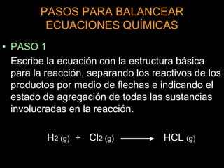 PASOS PARA BALANCEAR
         ECUACIONES QUÍMICAS
• PASO 1
  Escribe la ecuación con la estructura básica
  para la reacción, separando los reactivos de los
  productos por medio de flechas e indicando el
  estado de agregación de todas las sustancias
  involucradas en la reacción.

          H2 (g) + Cl2 (g)          HCL (g)
 