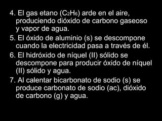 4. El gas etano (C2H6) arde en el aire,
  produciendo dióxido de carbono gaseoso
  y vapor de agua.
5. El óxido de aluminio (s) se descompone
  cuando la electricidad pasa a través de él.
6. El hidróxido de níquel (II) sólido se
  descompone para producir óxido de níquel
  (II) sólido y agua.
7. Al calentar bicarbonato de sodio (s) se
  produce carbonato de sodio (ac), dióxido
  de carbono (g) y agua.
 