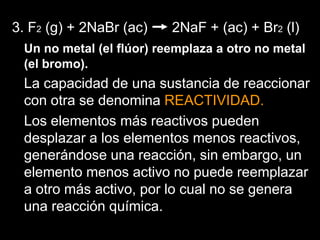 3. F2 (g) + 2NaBr (ac)    2NaF + (ac) + Br2 (l)
 Un no metal (el flúor) reemplaza a otro no metal
 (el bromo).
 La capacidad de una sustancia de reaccionar
 con otra se denomina REACTIVIDAD.
 Los elementos más reactivos pueden
 desplazar a los elementos menos reactivos,
 generándose una reacción, sin embargo, un
 elemento menos activo no puede reemplazar
 a otro más activo, por lo cual no se genera
 una reacción química.
 