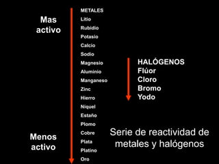 METALES

  Mas     Litio
          Rubidio
 activo
          Potasio
          Calcio
          Sodio
          Magnesio          HALÓGENOS
          Aluminio          Flúor
          Manganeso         Cloro
          Zinc              Bromo
          Hierro            Yodo
          Níquel
          Estaño
          Plomo

Menos
          Cobre       Serie de reactividad de
          Plata
activo                 metales y halógenos
          Platino
          Oro
 