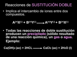 Reacciones de SUSTITUCIÓN DOBLE
• Implica el intercambio de iones entre dos
  compuestos.

      A(+)X(-) + B(+)Y(-)    A(+)Y(-) + B(+)X(-)

• Todas las reacciones de doble sustitución
  producen un precipitado (sólido resultado
  de una reacción química), un gas o agua.
  Ejemplo:
Ca(OH)2 (ac) + 2HCL         CaCl2 (ac) + 2H2O (l)
 