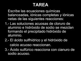 TAREA
  Escribe las ecuaciones químicas
  balanceadas, iónicas completas y iónicas
  netas de las siguientes reacciones:
1.- Las soluciones acuosas de cloruro de
  aluminio e hidróxido de sodio se mezclan
  formando el precipitado hidróxido de
  aluminio.
2.- El ácido sulfhídrico y el hidróxido de
    calcio acuoso reaccionan.
3.- Ácido sulfúrico reacciona con cianuro de
  sodio acuoso.
 