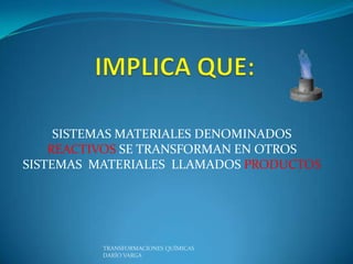 SISTEMAS MATERIALES DENOMINADOS
    REACTIVOS SE TRANSFORMAN EN OTROS
SISTEMAS MATERIALES LLAMADOS PRODUCTOS




          TRANSFORMACIONES QUÍMICAS
          DARÍO VARGA
 