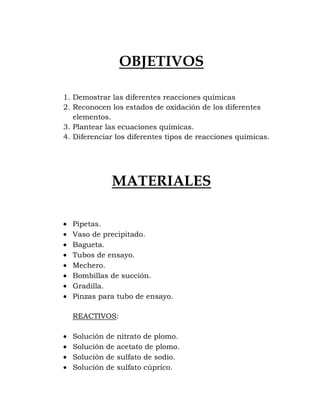 OBJETIVOS

1. Demostrar las diferentes reacciones químicas
2. Reconocen los estados de oxidación de los diferentes
   elementos.
3. Plantear las ecuaciones químicas.
4. Diferenciar los diferentes tipos de reacciones químicas.




              MATERIALES

  Pipetas.
  Vaso de precipitado.
  Bagueta.
  Tubos de ensayo.
  Mechero.
  Bombillas de succión.
  Gradilla.
  Pinzas para tubo de ensayo.

  REACTIVOS:

  Solución   de   nitrato de plomo.
  Solución   de   acetato de plomo.
  Solución   de   sulfato de sodio.
  Solución   de   sulfato cúprico.
 