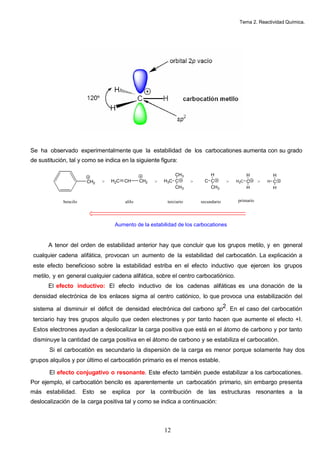 Tema 2. Reactividad Química.
12
Se ha observado experimentalmente que la estabilidad de los carbocationes aumenta con su grado
de sustitución, tal y como se indica en la siguiente figura:
A tenor del orden de estabilidad anterior hay que concluir que los grupos metilo, y en general
cualquier cadena alifática, provocan un aumento de la estabilidad del carbocatión. La explicación a
este efecto beneficioso sobre la estabilidad estriba en el efecto inductivo que ejercen los grupos
metilo, y en general cualquier cadena alifática, sobre el centro carbocatiónico.
El efecto inductivo: El efecto inductivo de los cadenas alifáticas es una donación de la
densidad electrónica de los enlaces sigma al centro catiónico, lo que provoca una estabilización del
sistema al disminuir el déficit de densidad electrónica del carbono sp2. En el caso del carbocatión
terciario hay tres grupos alquilo que ceden electrones y por tanto hacen que aumente el efecto +I.
Estos electrones ayudan a deslocalizar la carga positiva que está en el átomo de carbono y por tanto
disminuye la cantidad de carga positiva en el átomo de carbono y se estabiliza el carbocatión.
Si el carbocatión es secundario la dispersión de la carga es menor porque solamente hay dos
grupos alquilos y por último el carbocatión primario es el menos estable.
El efecto conjugativo o resonante. Este efecto también puede estabilizar a los carbocationes.
Por ejemplo, el carbocatión bencilo es aparentemente un carbocatión primario, sin embargo presenta
más estabilidad. Esto se explica por la contribución de las estructuras resonantes a la
deslocalización de la carga positiva tal y como se indica a continuación:
H2C CH CH2CH2 > >
H
CH
H
H
CC
CH3
CH3
CH3C
CH3
H
CH2C
H
> > >
bencilo alilo terciario secundario primario
Aumento de la estabilidad de los carbocationes
 