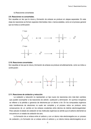 Tema 2. Reactividad Química.
6
b) Reacciones concertadas
2.9. Reacciones no concertadas.
Son aquellas en las que la rotura y formación de enlaces se produce en etapas separadas: En esta
clase de reacciones se forman especies intermedias más o menos estables, como en el proceso general
que se indica a continuación:
2.10. Reacciones concertadas:
Son aquellas en las que la rotura y formación de enlaces se produce simultáneamente, como se indica a
continuación:
2.11. Reacciones de oxidación y reducción.
La oxidación y reducción no representan un tipo nuevo de reacciones sino más bien cambios
que pueden acompañar a las reacciones de adición, sustitución y eliminación. En química inorgánica
se refieren a la pérdida o ganancia de electrones por un átomo o ión. En los compuestos orgánicos
esta transferencia de electrones no suele ser completa y el proceso redox se produce como
consecuencia de un cambio en los enlaces covalentes entre átomos de distinta electronegatividad.
Para calcular el estado de oxidación en las moléculas orgánicas se admite que el carbono elemental se
encuentra en un estado de oxidación de cero.
La formación de un enlace entre el carbono y con un átomo más electronegativo es un proceso
de oxidación y la formación de un enlace entre el carbono y un átomo menos electronegativo es un
C C + A B C C
A
+ B
C C
A
+ B C C
A B
1ª etapa
2ª etapa
C C + C C
A B
C C
A B
A B
 