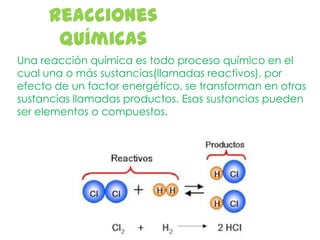 Reacciones
       Químicas
Una reacción química es todo proceso químico en el
cual una o más sustancias(llamadas reactivos), por
efecto de un factor energético, se transforman en otras
sustancias llamadas productos. Esas sustancias pueden
ser elementos o compuestos.
 