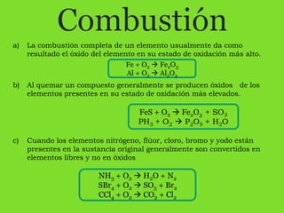a)   La combustión completa de un elemento usualmente da como
     resultado el óxido del elemento en su estado de oxidación más alto.
                                 Fe + O2  Fe2O3
                                 Al + O2  Al2O3
b)   Al quemar un compuesto generalmente se producen óxidos de los
     elementos presentes en su estado de oxidación más elevados.

                                    FeS + O2  Fe2O3 + SO3
                                    PH3 + O2  P2O5 + H2O

c)   Cuando los elementos nitrógeno, flúor, cloro, bromo y yodo están
     presentes en la sustancia original generalmente son convertidos en
     elementos libres y no en óxidos

                         NH3 + O2  H2O + N2
                         SBr4 + O2  SO3 + Br2
                         CCl4 + O2  CO2 + Cl2
 