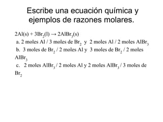 Escribe una ecuación química y
     ejemplos de razones molares.
2Al(s) + 3Br2(l) → 2AlBr3(s)
 a. 2 moles Al / 3 moles de Br2 y 2 moles Al / 2 moles AlBr3
 b. 3 moles de Br2 / 2 moles Al y 3 moles de Br2 / 2 moles
AlBr3
 c. 2 moles AlBr3 / 2 moles Al y 2 moles AlBr3 / 3 moles de
Br2
 