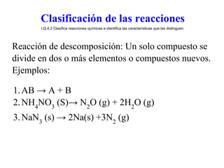 Clasificación de las reacciones
       I.Q.4.2 Clasifica reacciones químicas e identifica las características que las distinguen.




Reacción de descomposición: Un solo compuesto se
divide en dos o más elementos o compuestos nuevos.
Ejemplos:

1. AB → A + B
2. NH4NO3 (S)→ N2O (g) + 2H2O (g)
3. NaN3 (s) → 2Na(s) +3N2 (g)
 