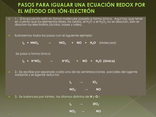    1.- Si la ecuación está en forma molecular pasarla a forma iónica. Aquí hay que tener
    en cuenta que los elementos libres, los óxidos, el H2O y el H2O2 no se disocian, sólo se
    disocian los electrolitos (ácidos, bases y sales).


   Ilustraremos todos los pasos con el siguiente ejemplo:

         I2 + HNO3        →       HIO3         +   NO      +   H 2O       (Molecular)


    Se pasa a forma iónica;

         I2 + H+NO3-        →       H+lO3-         +    NO     +     H2O (Iónica)


   2.- Se escribe por separado cada una de las semirreacciones parciales del agente
    oxidante y el agente reductor.

                                          I2           →           lO3-

                                          NO3-             →          NO

   3.- Se balancea por tanteo los átomos distintos de H y O :

                                          I2           →           2lO3-

                                          NO3-         →              NO

 