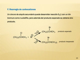 26 
F. Rearreglo de carbocationes 
Un cloruro de alquilo secundario puede desarrollar reacción SN1 con un ión bromuro como nucleófilo, pero además del producto esperado se obtiene otro producto. 
(CH3)3CCHCH3 + BrCl(CH3)3CCHCH3Br(CH3)2CCH(CH3)2Br-Cl-Clproducto esperadoproducto inesperado  