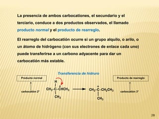 28 
La presencia de ambos carbocationes, el secundario y el 
terciario, conduce a dos productos observados, el llamado 
producto normal y el producto de rearreglo. 
El rearreglo del carbocatión ocurre si un grupo alquilo, o arilo, o 
un átomo de hidrógeno (con sus electrones de enlace cada uno) 
puede transferirse a un carbono adyacente para dar un 
carbocatión más estable. 
CH3CCHCH3 
H 
CH3 
CH3CCH2CH3 
CH3 
carbocatión 2° carbocatión 3° 
Producto de rearreglo 
Transferencia de hidruro 
Producto normal 
 