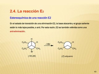 40 
2.4. La reacción E2 
Estereoquímica de una reacción E2 En el estado de transición de una eliminación E2, la base atacante y el grupo saliente están lo más lejos posible, o anti. Por esta razón, E2 es también referida como una anti-eliminación.  