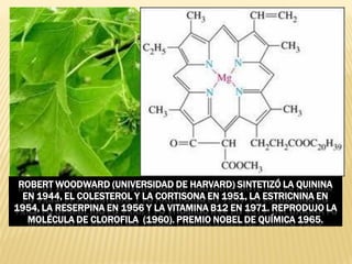 ROBERT WOODWARD (UNIVERSIDAD DE HARVARD) SINTETIZÓ LA QUININA EN 1944, EL COLESTEROL Y LA CORTISONA EN 1951, LA ESTRICNINA EN 1954, LA RESERPINA EN 1956 Y LA VITAMINA B12 EN 1971. REPRODUJO LA MOLÉCULA DE CLOROFILA (1960). PREMIO NOBEL DE QUÍMICA 1965.  