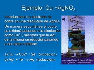 Ejemplo: Cu +AgNO3
Introducimos un electrodo de
cobre en una disolución de AgNO3
De manera espontánea el cobre
se oxidará pasando a la disolución
como Cu2+, mientras que la Ag+
de la misma se reducirá pasando
a ser plata metálica:

a) Cu    Cu2+ + 2e– (oxidación)
b) Ag+ + 1e–   Ag (reducción).       Imagen cedida por © Grupo ANAYA
                                       S.A. Química 2º de bachillerrato
 