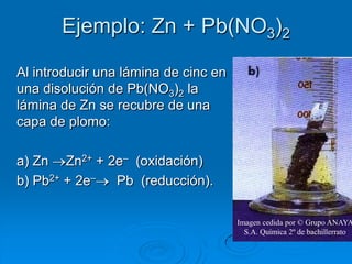 Ejemplo: Zn + Pb(NO3)2

Al introducir una lámina de cinc en
una disolución de Pb(NO3)2 la
lámina de Zn se recubre de una
capa de plomo:

a) Zn Zn2+ + 2e– (oxidación)
b) Pb2+ + 2e– Pb (reducción).

                                      Imagen cedida por © Grupo ANAYA
                                        S.A. Química 2º de bachillerrato
 