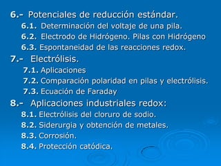 6.- Potenciales de reducción estándar.
  6.1. Determinación del voltaje de una pila.
  6.2. Electrodo de Hidrógeno. Pilas con Hidrógeno
  6.3. Espontaneidad de las reacciones redox.
7.- Electrólisis.
   7.1. Aplicaciones
   7.2. Comparación polaridad en pilas y electrólisis.
   7.3. Ecuación de Faraday
8.- Aplicaciones industriales redox:
  8.1. Electrólisis del cloruro de sodio.
  8.2. Siderurgia y obtención de metales.
  8.3. Corrosión.
  8.4. Protección catódica.
 