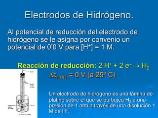 Electrodos de Hidrógeno.
Al potencial de reducción del electrodo de
hidrógeno se le asigna por convenio un
potencial de 0’0 V para [H+] = 1 M.

   Reacción de reducción: 2 H+ + 2 e–               H2
             εH+/H2 = 0 V (a 25º C)

             Un electrodo de hidrógeno es una lámina de
             platino sobre el que se burbujea H2 a una
             presión de 1 atm a través de una disolución 1
             M de H+.
 