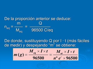 De la proporción anterior se deduce:
       m          Q
neq = —— = —————
      Meq      96500 C/eq

De donde, sustituyendo Q por I · t (más fáciles
de medir) y despejando ―m‖ se obtiene:
              M eq   I t    M at I t
     m ( g)                    -
                96500      nº e 96500
 