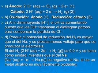 a) Ánodo: 2 Cl– (aq)      Cl2 (g) + 2 e– (1)
      Cátodo: 2 H+ (aq) + 2 e– H2 (g) (2)
 b) Oxidación: ánodo (1). Reducción: cátodo (2).
 c) Al ir disminuyendo [H+ ], el pH va aumentando
  puesto que los OH– traspasan el diafragma poroso
  para compensar la perdida de Cl–.
 d) Porque el potencial de reducción del H2 es mayor
  que el del Na. y se precisa menos voltaje para que se
  produzca la electrólisis.
  El del H2 [2 H+ (aq) + 2e– H2 (g)] es 0,0 V y se toma
  como unidad, mientras que el del Na
  [Na+ (aq) + 1e– Na (s)] es negativo (el Na, al ser un
  metal alcalino es muy fácilmente oxidable).
 