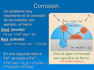 Corrosión.
 Un problema muy
 importante es la corrosión
 de los metales; por
 ejemplo, el hierro:
Oxid. (ánodo):
 Fe (s)   Fe2+(aq) + 2e–
Red. (cátodo):
 O2(g) + 4 H+(aq) + 4e–    2 H2O(l)


 En una segunda fase el               Gota de agua corroyendo
 Fe2+ se oxida a Fe3+ :               una superficie de hierro.
                                          © Ed. Santillana. Química 2º
 4 Fe2+(aq)+ O2(g) + 4 H2O(l)
 2 Fe2O3(s) + 8 H+(aq)
 