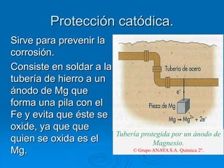 Protección catódica.
Sirve para prevenir la
corrosión.
Consiste en soldar a la
tubería de hierro a un
ánodo de Mg que
forma una pila con el
Fe y evita que éste se
oxide, ya que que
                          Tubería protegida por un ánodo de
quien se oxida es el                  Magnesio.
Mg.                            © Grupo ANAYA S.A. Química 2º.
 