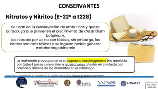 Nitratos y Nitritos (E-22º a E228)
Se usan en la conservación de embutidos y queso
curado, ya que previenen el crecimiento de Clostridium
botulinum.
Los nitratos per se, no son tóxicos, sin embargo, los
nitritos son más tóxicos y su ingesta podría generar
metahemoglobinemia
Lo realmente preocupante es su supuesta carcinogénesis (no admitida
por todos) por su conversión a nitrosaminas al estar en contacto con
aminas y amidas de los alimentos en el estómago.
Dueñas-Ruiz, A., Ruiz-Mambrilla, M., Coco-Martín, M. B., & Dueñas-Laita, A. (2023). Aditivos de los alimentos (food additives).
CONSERVANTES
Dra. Chávez
CRAIC Mty
 