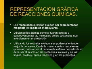 REPRESENTACIÓN GRÁFICA DE REACCIONES QUÍMICAS. Las  reacciones  químicas  pueden ser representadas mediante  los  modelos moleculares. Dibujando los átomos como si fueran esferas y construyendo así las moléculas de las sustancias que intervienen en una reacción. Utilizando los modelos moleculares podemos entender mejor la conservación de la materia en las  reacciones  químicas, puesto que el número de esferas de cada clase debe ser el mismo en las sustancias iniciales y en las finales, es decir, en los reactivos y en los productos. 