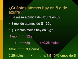 ¿Cuántos átomos hay en 8 g de azufre? La masa atómica del azufre es 32 1 mol de átomos de S= 32g ¿Cuántos moles hay en 8 g? 1 mol  32g x  8g  x=0.25 moles 1mol  N átomos 0.25moles  x  x:1.5 10 23 átomos   de   S 